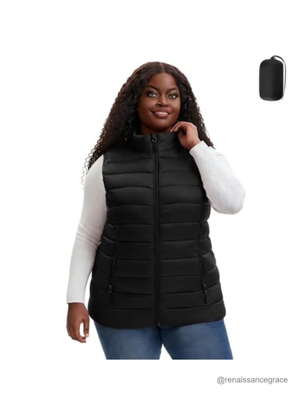 Plus Size Puffer Vest Packable Stand Collar Zip Pockets Quilted
